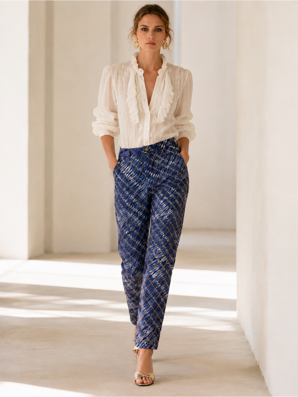 Oscar de la Renta Runway Shibori Metallic Lattice Jeans NWT Sz 2